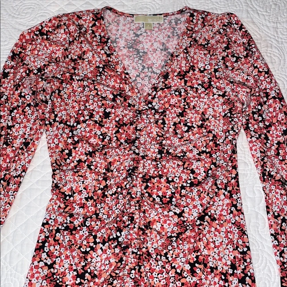 MICHAEL Michael Kors Shirred Midline Asymmetrical Hem Small Print Floral Dress.